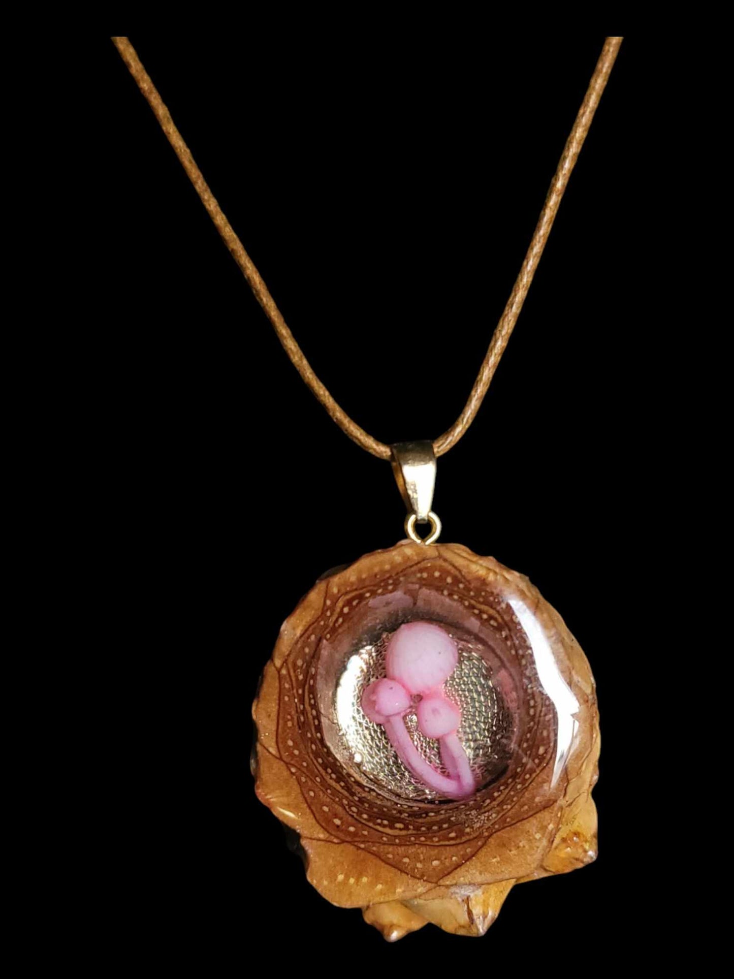 Small Pink Mushroom pendant necklace.