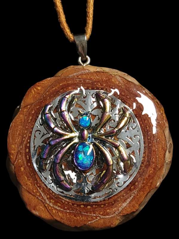 Rainbow metal Spider Pendant with Opal Inlay on Silver