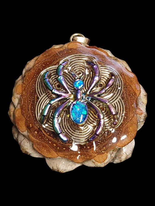 Rainbow metal Spider Pendant with Opal Inlay