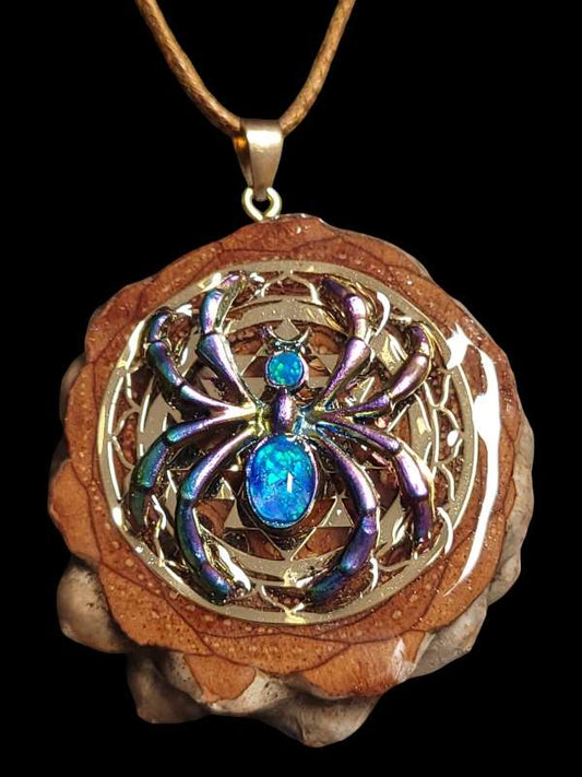 Rainbow metal Spider Pendant with Opal Inlay on gold Chakra Inlay