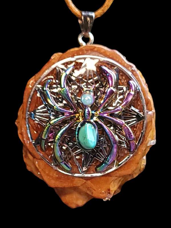 Rainbow Spider Pinecone Pendant Necklace with turquoise inlay