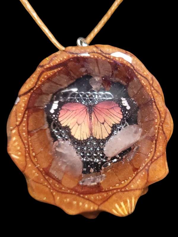 Butterfly and real Rose Quartz Pinecone Pendant